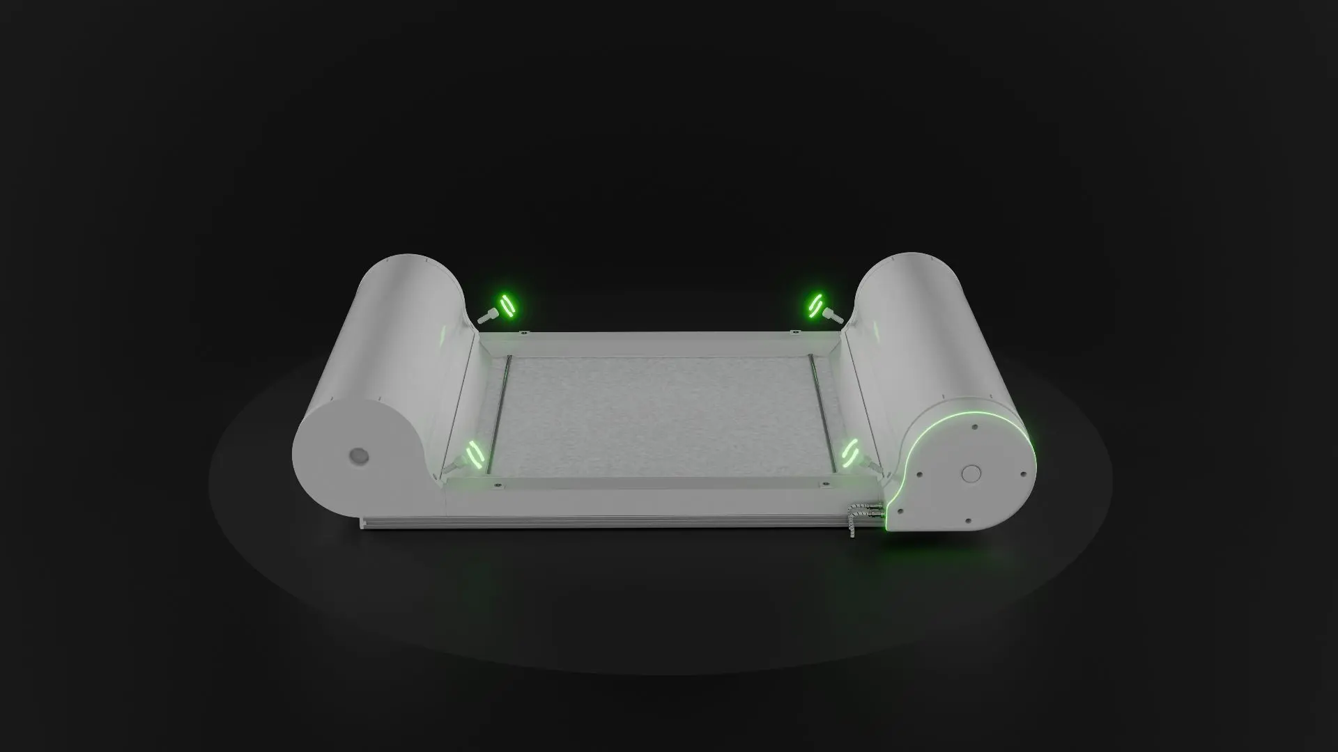 A white couch with green lights on it.