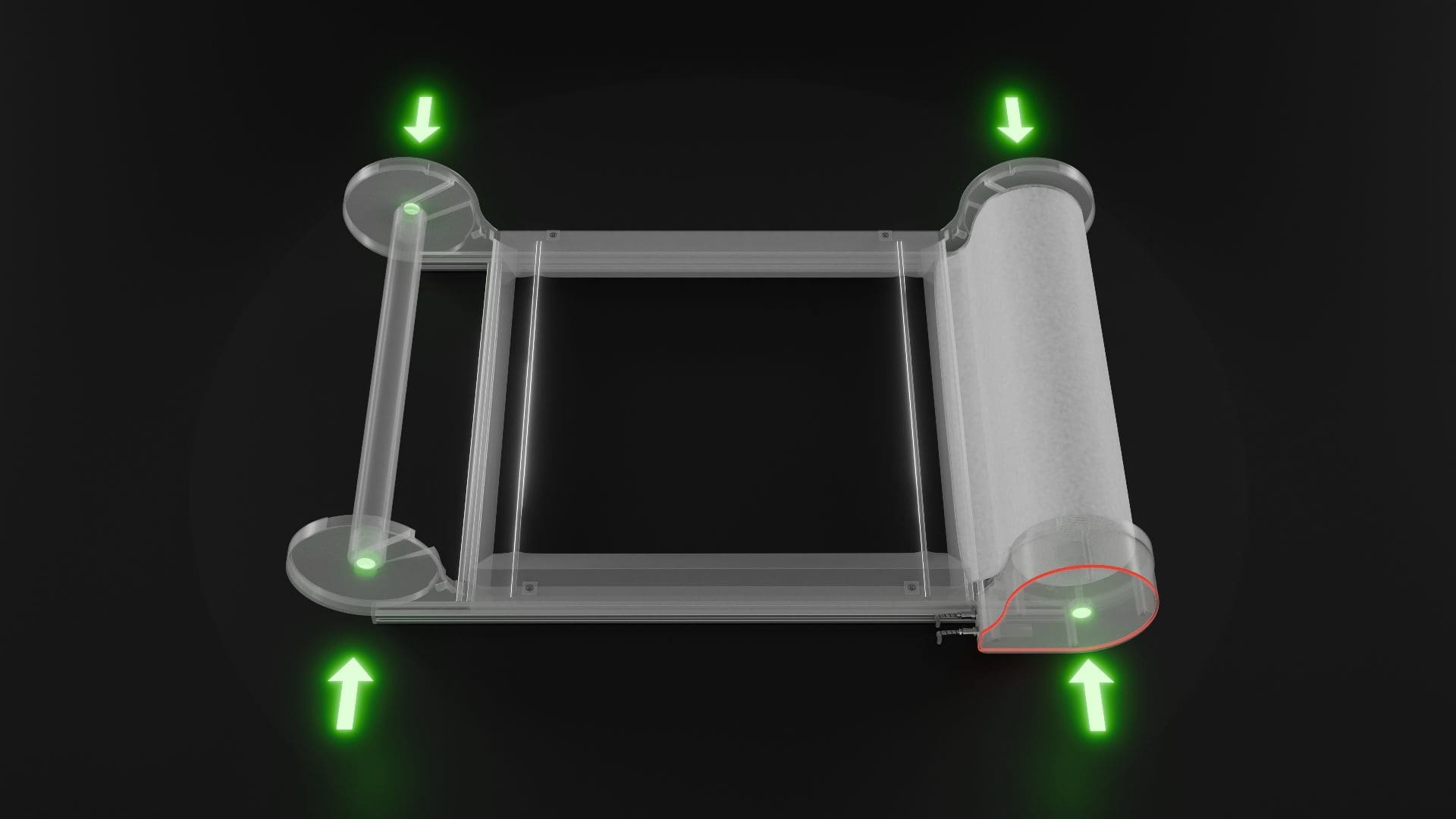 A green light is shown on the side of a glass object.