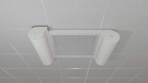 A ceiling mounted air conditioner unit with two fans.