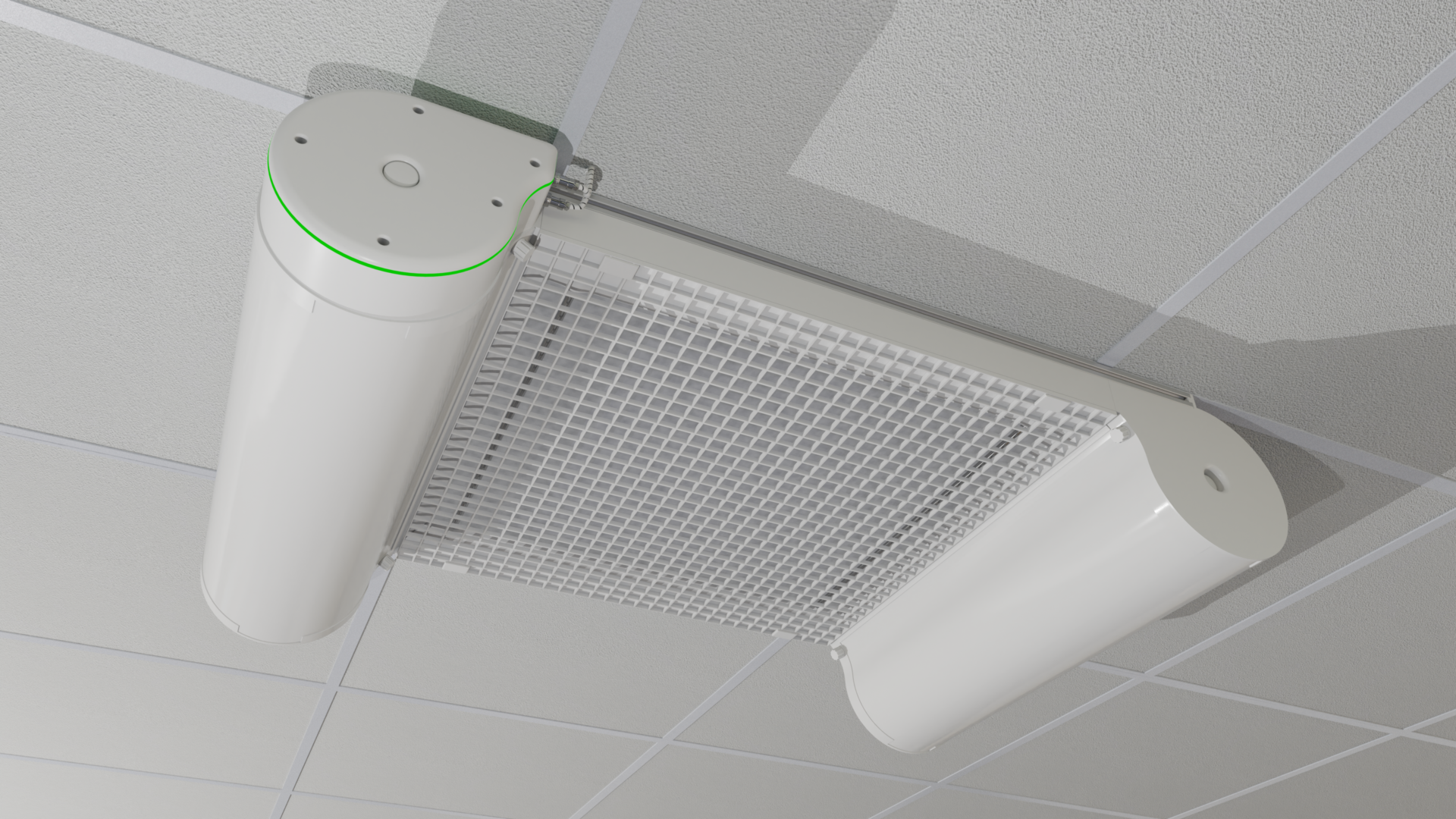 A ceiling mounted air conditioner with an open mesh cover.