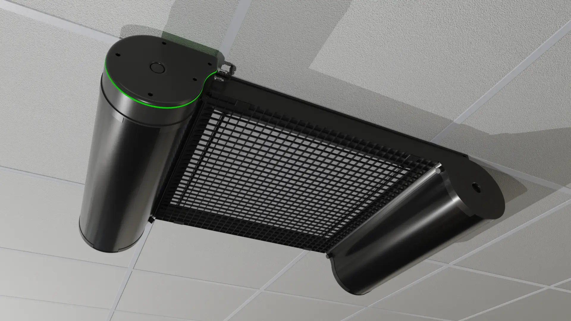 A black ceiling mounted air conditioner with green lights.